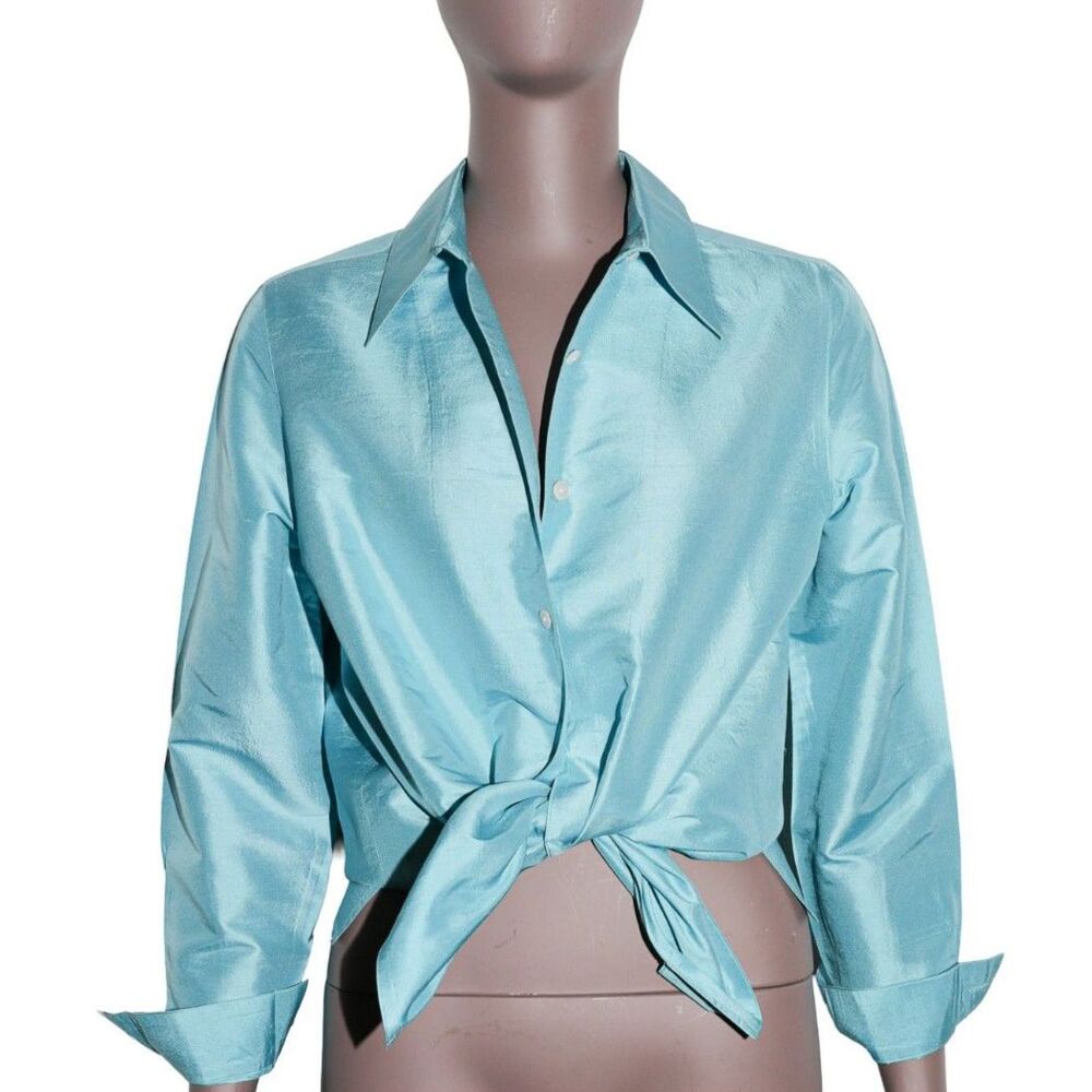 Vintage 100% Silk Blue‎ Button Down Shirt Classic Minimalist Top Small